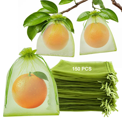 Fatato 150PCS Fruit Protection Bags, Mesh Fruit Bags for Fruit Trees, 6x8 Inch Green Organza Netting Bags with Double Drawstring for Tomatoes, Peaches, Strawberries, Vegetables and Garden Plants