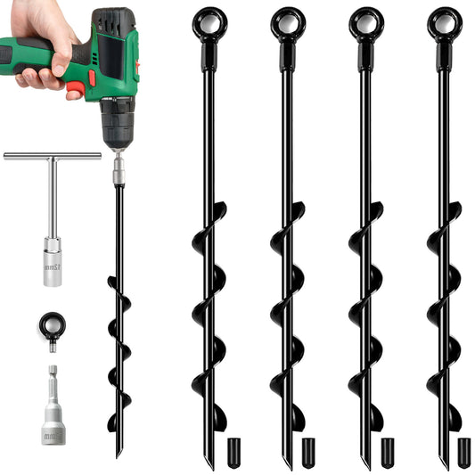 Fatato Ground Anchors Screw in, 18 inch 4 pack Spiral Earth Anchor Kit Heavy Duty Auger Metal Stakes for Swing Set, Trampoline, Shed, Tent, Carports