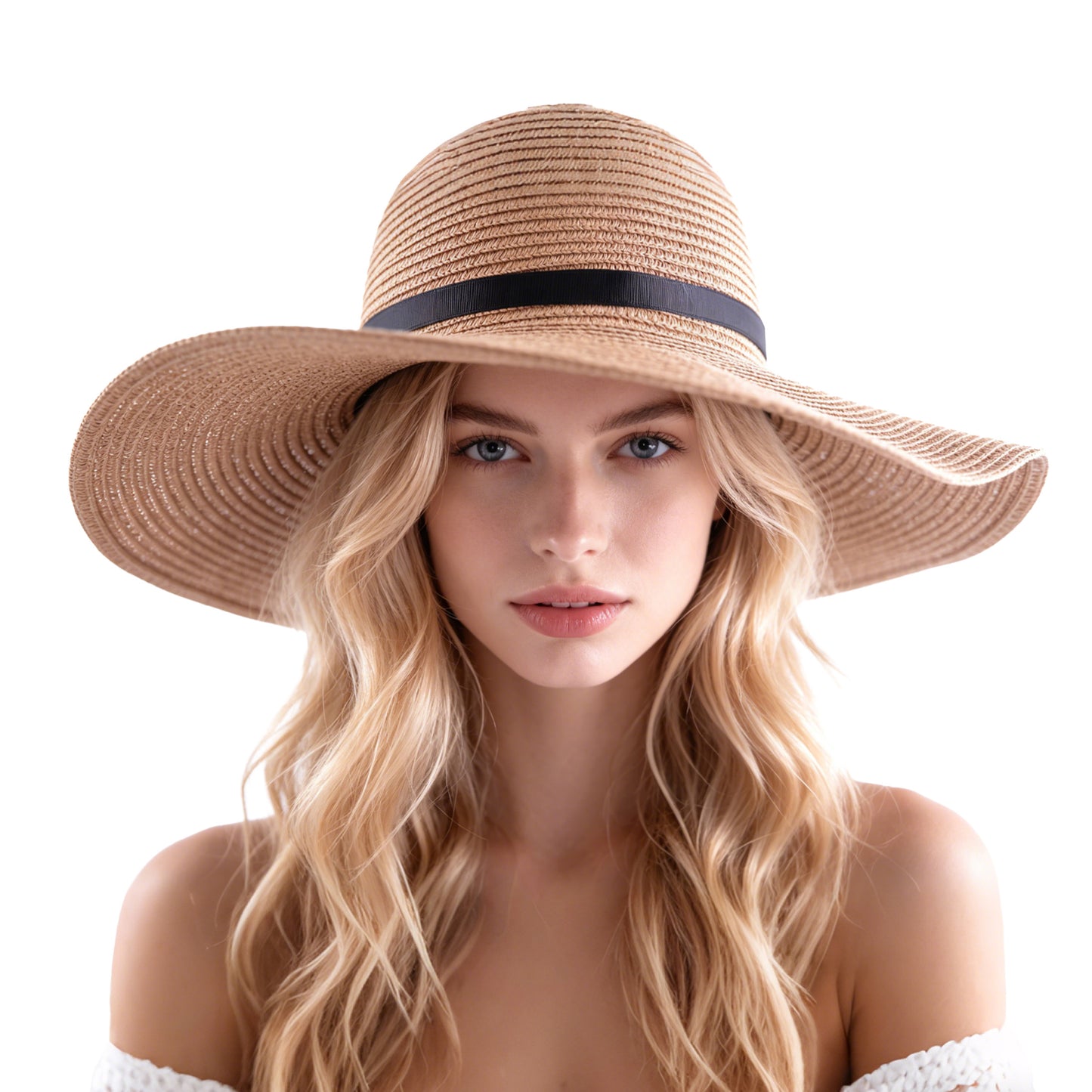 Fatato Sun Straw Hats for Women, Wide Brim UV Protection Summer Floppy Hat with Chin Strap Packable Foldable for Beach Travel