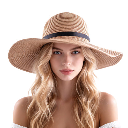 Fatato Sun Straw Hats for Women, Wide Brim UV Protection Summer Floppy Hat with Chin Strap Packable Foldable for Beach Travel