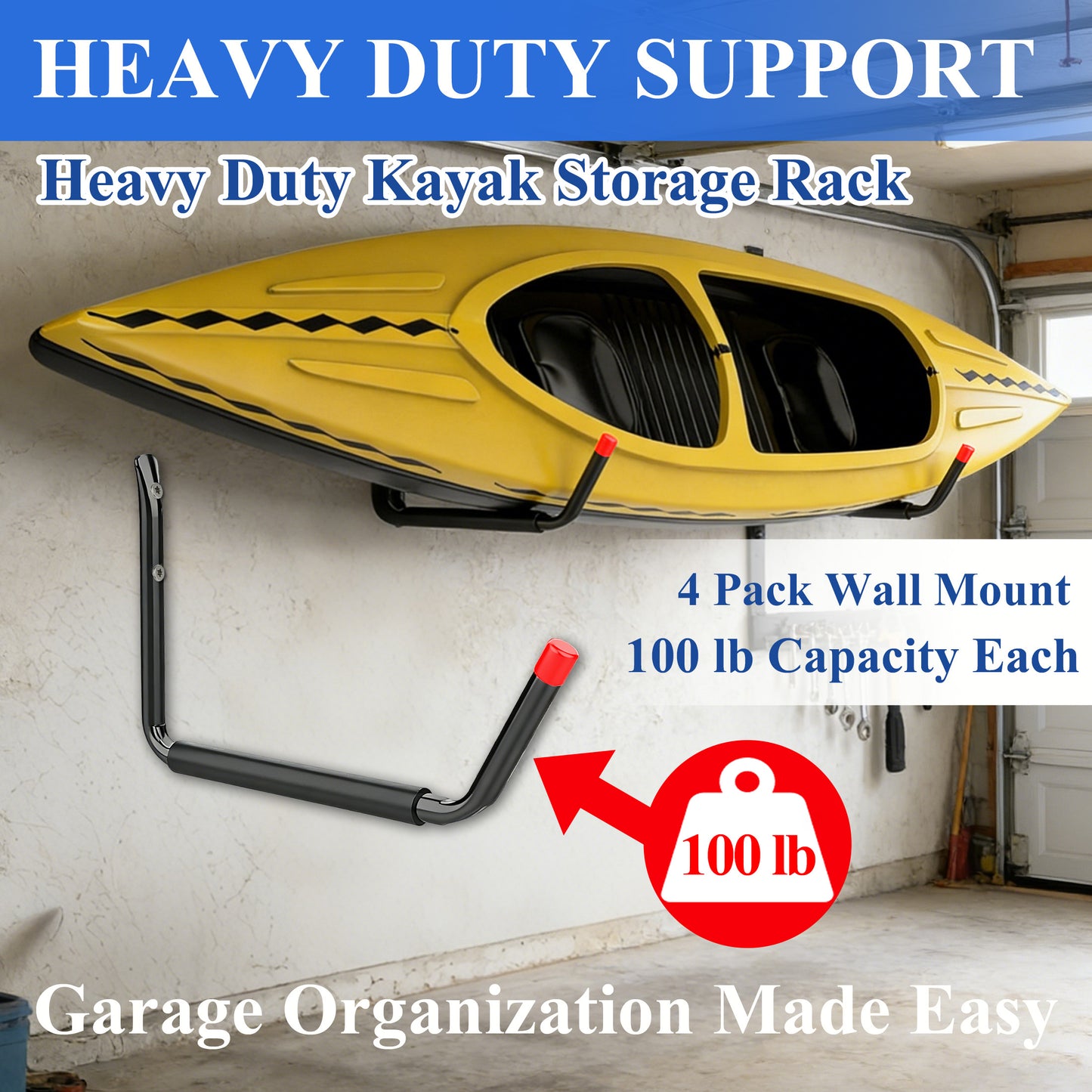 Fatato Heavy Duty Kayak Storage Rack, 100 Lbs 15" Kayak Wall Mount Garage Storage Hooks, 4 -Piece Kayak Rack for Garage for Kayak, Canoe, Paddle Board, Surfboard, Ladder and Bike