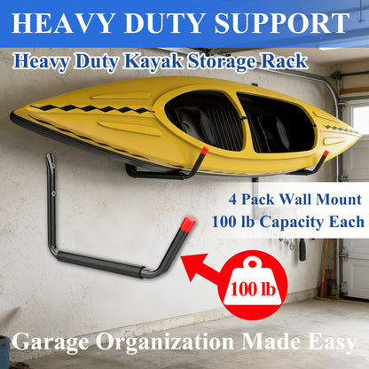 Fatato Heavy Duty Kayak Storage Rack, 100 Lbs 15" Kayak Wall Mount Garage Storage Hooks, 4 -Piece Kayak Rack for Garage for Kayak, Canoe, Paddle Board, Surfboard, Ladder and Bike