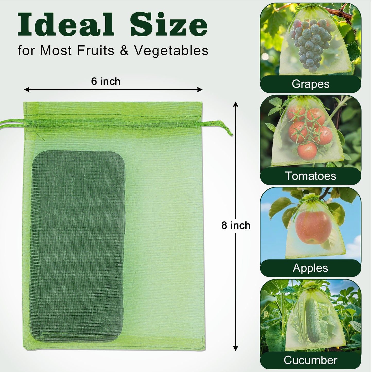 Fatato 150PCS Fruit Protection Bags, Mesh Fruit Bags for Fruit Trees, 6x8 Inch Green Organza Netting Bags with Double Drawstring for Tomatoes, Peaches, Strawberries, Vegetables and Garden Plants
