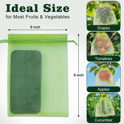 Fatato 150PCS Fruit Protection Bags, Mesh Fruit Bags for Fruit Trees, 6x8 Inch Green Organza Netting Bags with Double Drawstring for Tomatoes, Peaches, Strawberries, Vegetables and Garden Plants