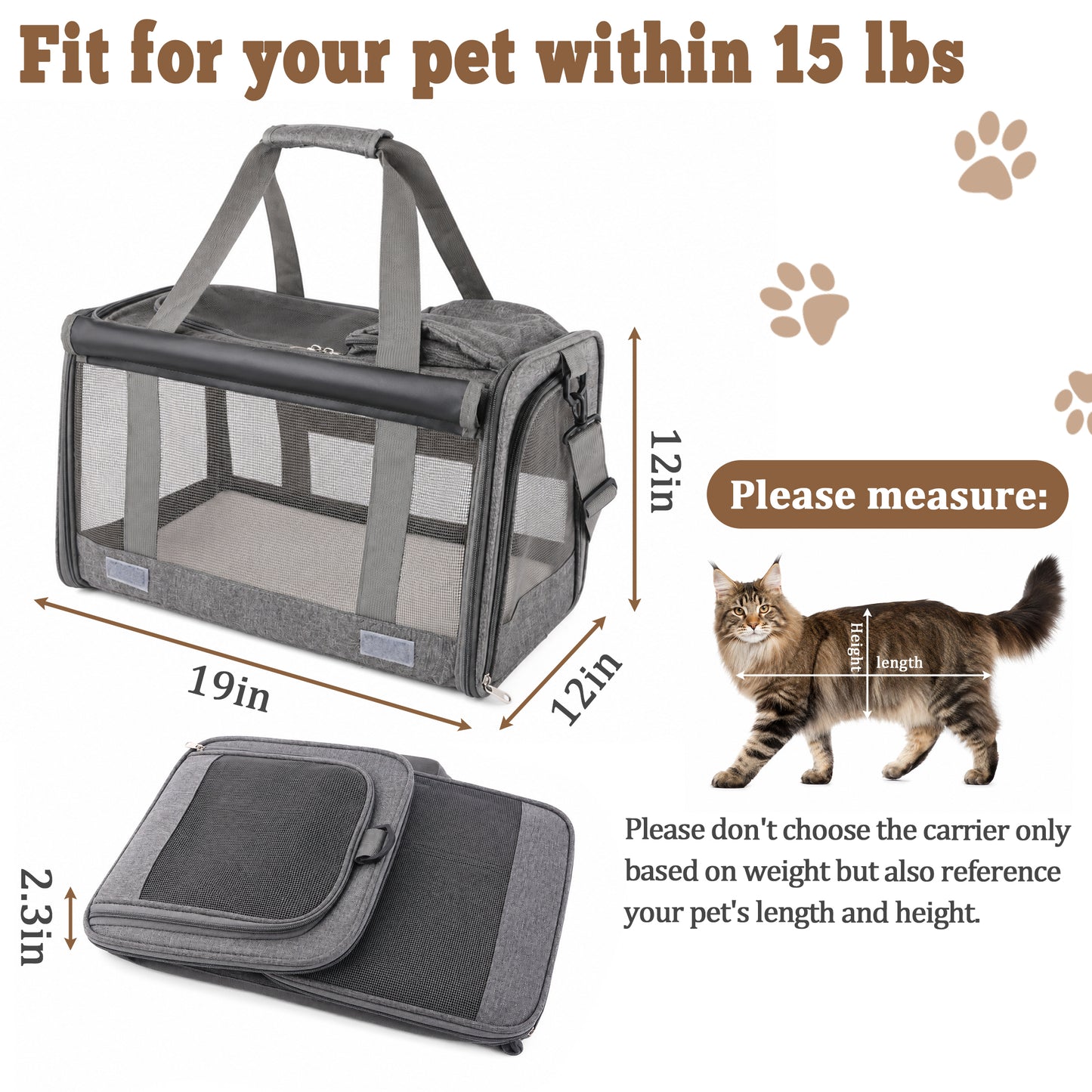 Fatato Cat Carrier for Cats and Dogs up to 15lbs, Soft-Sided Breathable Pet Travel Carrier with Foldable Bowl, Pet Carrier with Washable Cushion and Adjustable Shoulder Strap
