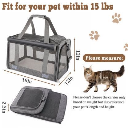 Fatato Cat Carrier for Cats and Dogs up to 15lbs, Soft-Sided Breathable Pet Travel Carrier with Foldable Bowl, Pet Carrier with Washable Cushion and Adjustable Shoulder Strap