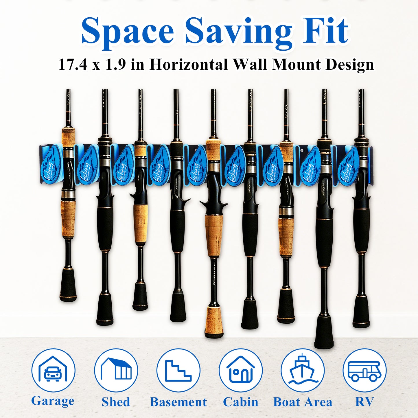 Fatato Fishing Rod Holder, Space Saving Vertical Wall Mounted Rack for 9 Rods and Combos, Fishing Pole Storage Organizer for Garage, Boat, Shed & RV