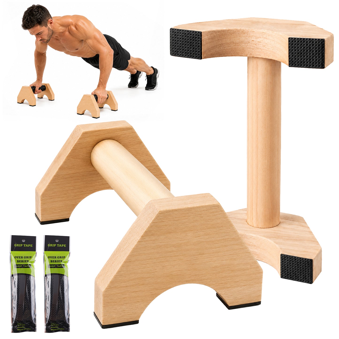 Fatato Wooden Parallettes Bars 2 Pcs Wood Push Up Bars with PU Grip Wraps, Non-Slip Pads, Strong Support Handles for Calisthenics Home Gym Training