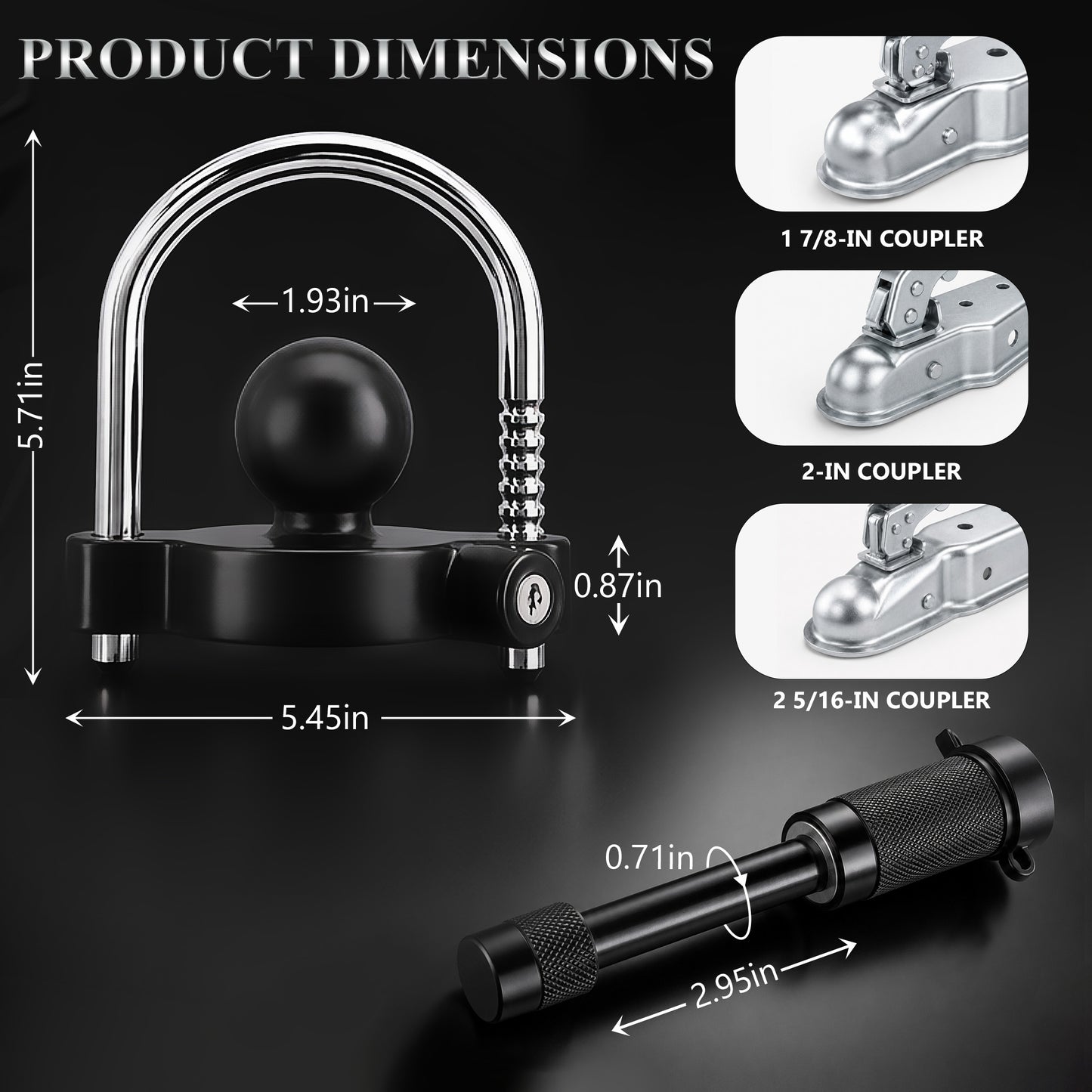 Fatato Universal Trailer Coupler Lock, Trailer Locks Ball Hitch with Trailer Hitch Receiver Lock, Adjustable Security Heavy-Duty Trailer Ball Lock Fits 1-7/8", 2", and 2-5/16" Couplers, Black