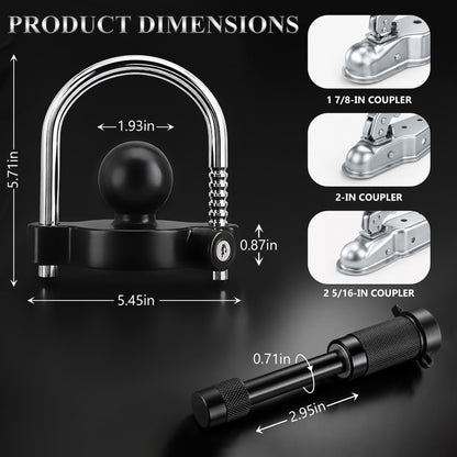 Fatato Universal Trailer Coupler Lock, Trailer Locks Ball Hitch with Trailer Hitch Receiver Lock, Adjustable Security Heavy-Duty Trailer Ball Lock Fits 1-7/8", 2", and 2-5/16" Couplers, Black