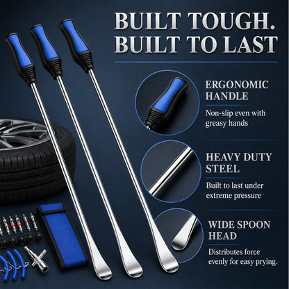 Fatato 14.5 inch Tire Spoons Set, 27-Piece Motorcycle Tire Changer Kit with Rim Protectors, Valve Tools, Valve Cores, Storage Bag for Motorcycles, Dirt Bikes, Lawn Mowers, Bikes