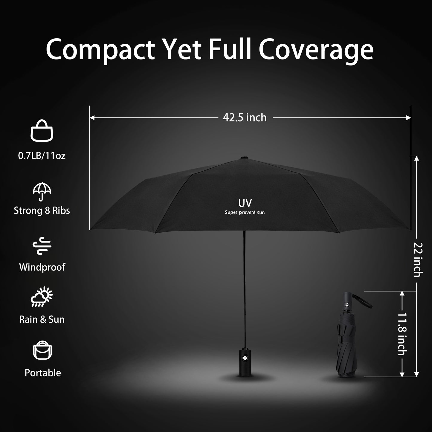 Fatato Travel Umbrella, 2 Pack 11.8 Inch Compact Windproof Automatic Open/Close Folding Umbrella with 8 Fiberglass Ribs, Lightweight Portable Umbrella for Backpack & Car
