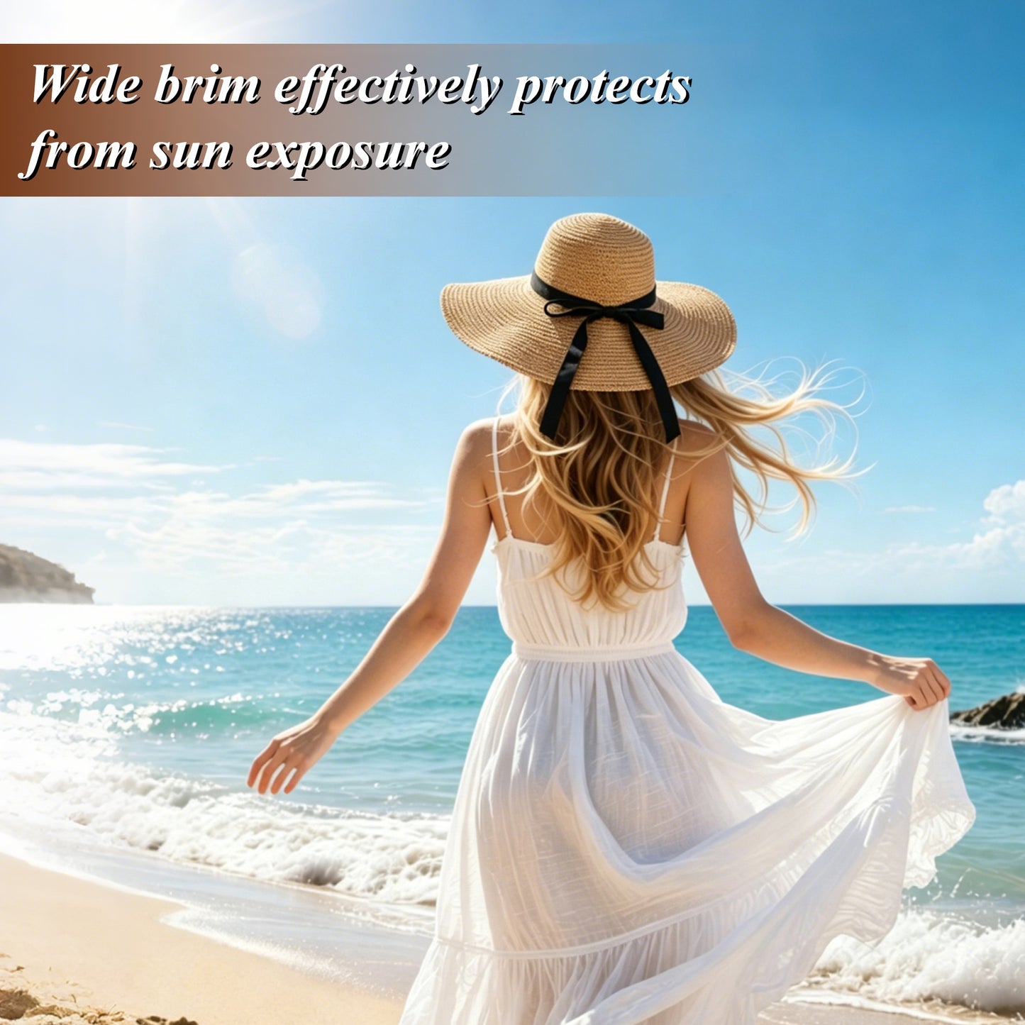 Fatato Sun Straw Hats for Women, Wide Brim UV Protection Summer Floppy Hat with Chin Strap Packable Foldable for Beach Travel