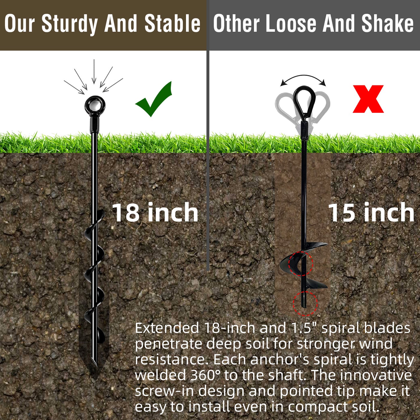 Fatato Ground Anchors Screw in, 18 inch 4 pack Spiral Earth Anchor Kit Heavy Duty Auger Metal Stakes for Swing Set, Trampoline, Shed, Tent, Carports