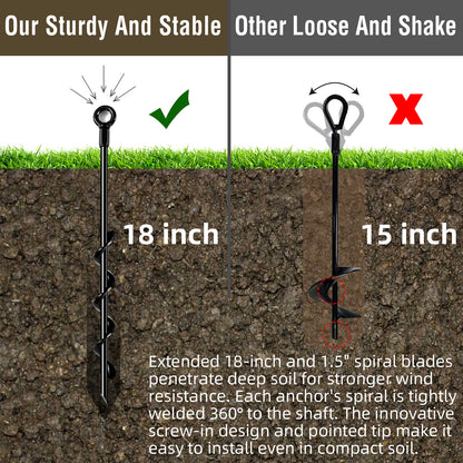 Fatato Ground Anchors Screw in, 18 inch 4 pack Spiral Earth Anchor Kit Heavy Duty Auger Metal Stakes for Swing Set, Trampoline, Shed, Tent, Carports