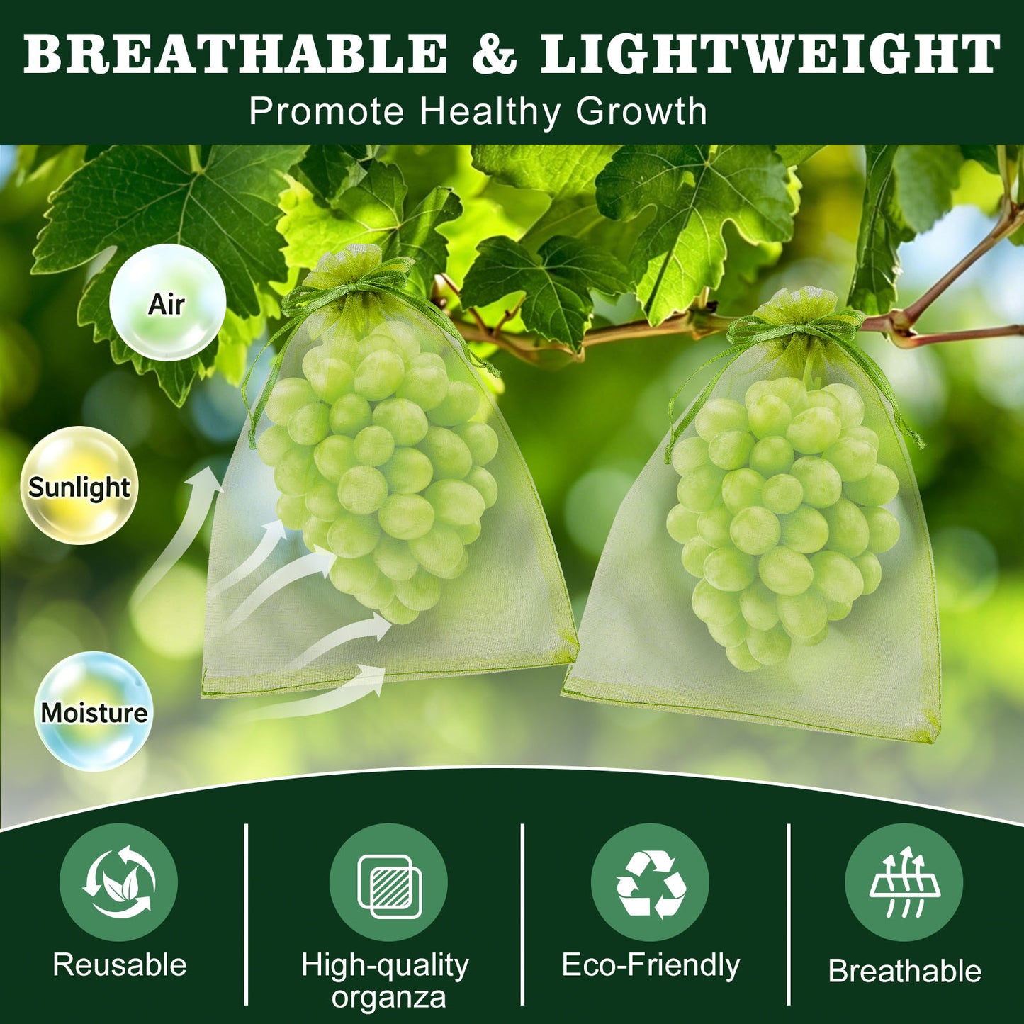 Fatato 150PCS Fruit Protection Bags, Mesh Fruit Bags for Fruit Trees, 6x8 Inch Green Organza Netting Bags with Double Drawstring for Tomatoes, Peaches, Strawberries, Vegetables and Garden Plants