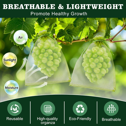 Fatato 150PCS Fruit Protection Bags, Mesh Fruit Bags for Fruit Trees, 6x8 Inch Green Organza Netting Bags with Double Drawstring for Tomatoes, Peaches, Strawberries, Vegetables and Garden Plants
