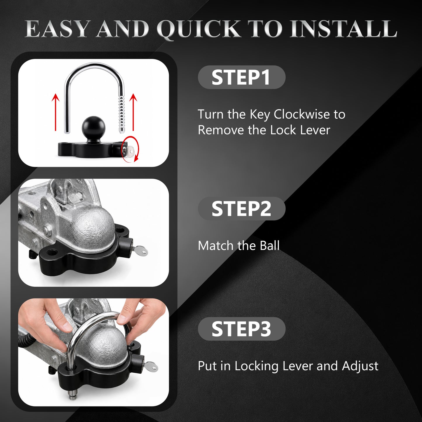 Fatato Universal Trailer Coupler Lock, Trailer Locks Ball Hitch with Trailer Hitch Receiver Lock, Adjustable Security Heavy-Duty Trailer Ball Lock Fits 1-7/8", 2", and 2-5/16" Couplers, Black