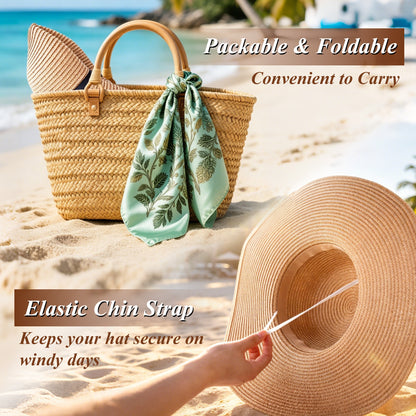 Fatato Sun Straw Hats for Women, Wide Brim UV Protection Summer Floppy Hat with Chin Strap Packable Foldable for Beach Travel