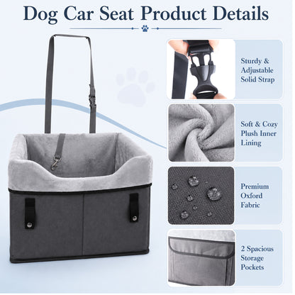 Fatato Dog Car Seat for Small Pets up to 25 lbs, Booster Seat with Storage Pockets & Safety Belt, Detachable Washable Pet Travel Bed for Front and Rear Car Seats