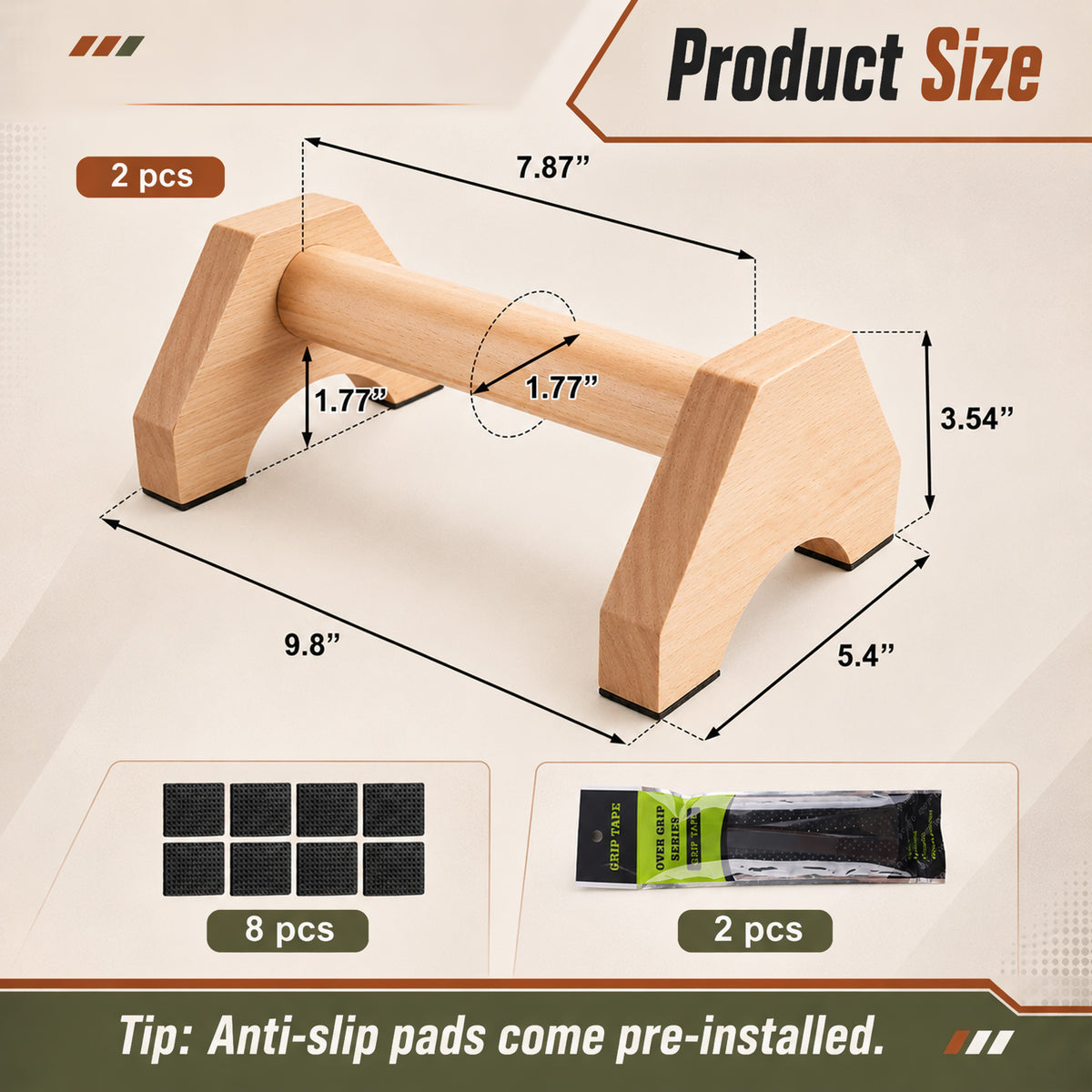 Fatato Wooden Parallettes Bars 2 Pcs Wood Push Up Bars with PU Grip Wraps, Non-Slip Pads, Strong Support Handles for Calisthenics Home Gym Training