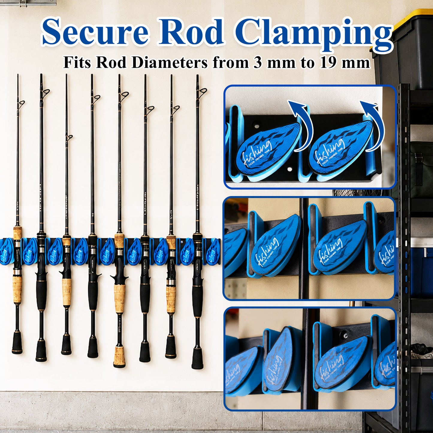 Fatato Fishing Rod Holder, Space Saving Vertical Wall Mounted Rack for 9 Rods and Combos, Fishing Pole Storage Organizer for Garage, Boat, Shed & RV