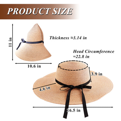 Fatato Sun Straw Hats for Women, Wide Brim UV Protection Summer Floppy Hat with Chin Strap Packable Foldable for Beach Travel