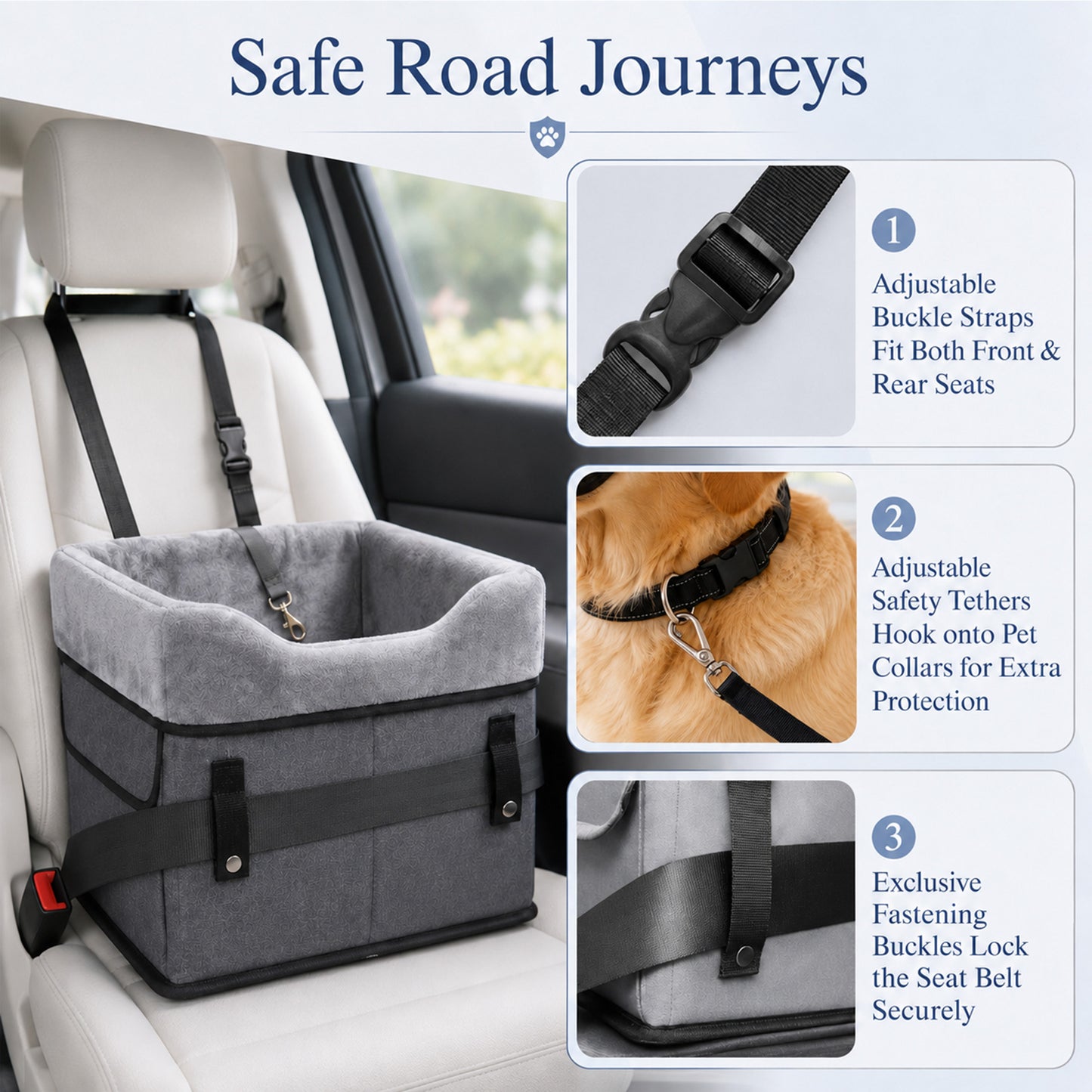 Fatato Dog Car Seat for Small Pets up to 25 lbs, Booster Seat with Storage Pockets & Safety Belt, Detachable Washable Pet Travel Bed for Front and Rear Car Seats