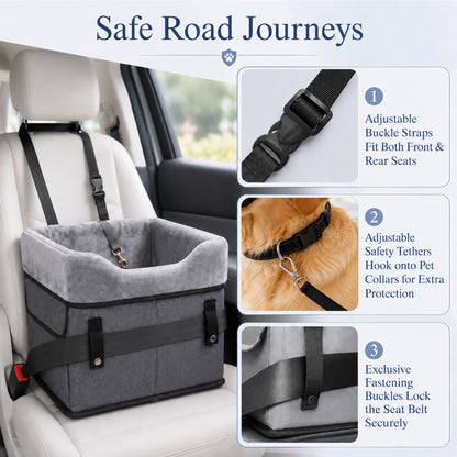 Fatato Dog Car Seat for Small Pets up to 25 lbs, Booster Seat with Storage Pockets & Safety Belt, Detachable Washable Pet Travel Bed for Front and Rear Car Seats