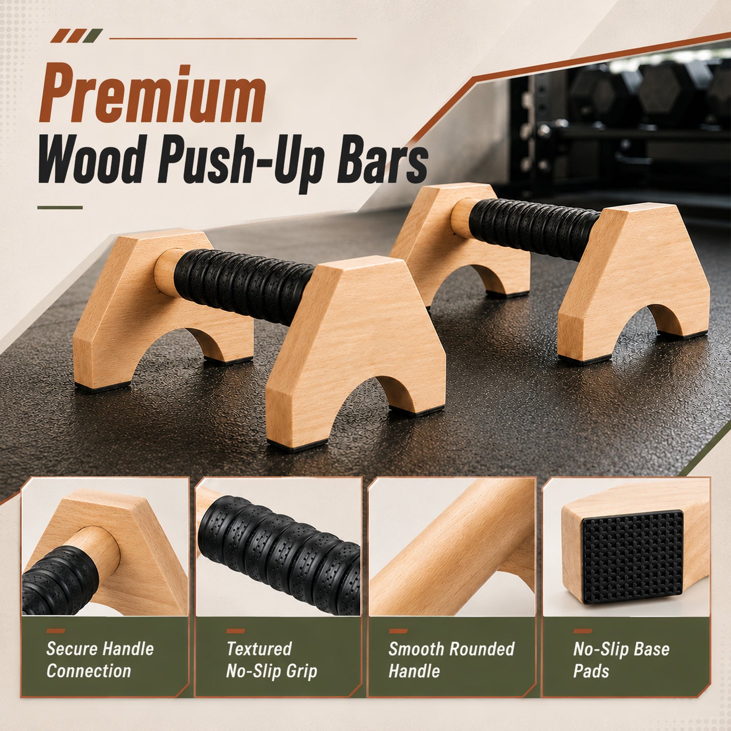 Fatato Wooden Parallettes Bars 2 Pcs Wood Push Up Bars with PU Grip Wraps, Non-Slip Pads, Strong Support Handles for Calisthenics Home Gym Training