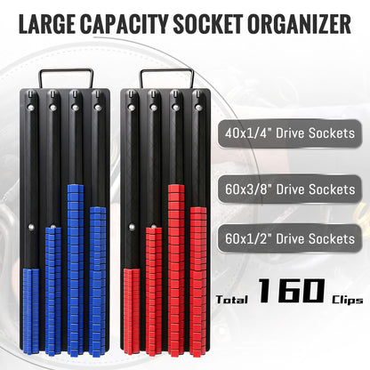 Fatato Socket Organizer, 160 Capacity Socket Rail Organizer with Metal Tray & ABS Clips, 1/4" 3/8" 1/2" Drive Socket Holder for Toolbox, Garage and Workbench Tool Storage