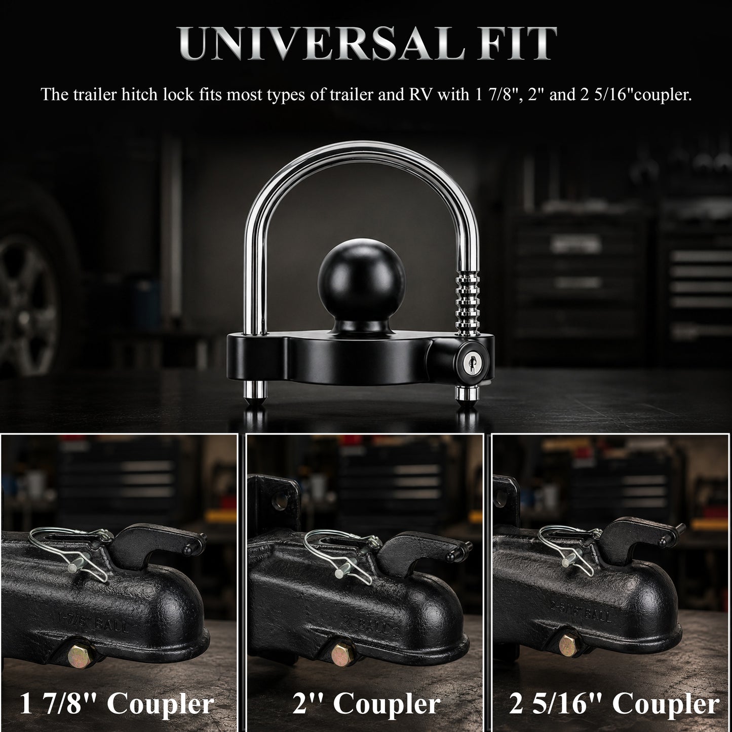 Fatato Universal Trailer Coupler Lock, Trailer Locks Ball Hitch with Trailer Hitch Receiver Lock, Adjustable Security Heavy-Duty Trailer Ball Lock Fits 1-7/8", 2", and 2-5/16" Couplers, Black