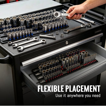 Fatato Socket Organizer, 160 Capacity Socket Rail Organizer with Metal Tray & ABS Clips, 1/4" 3/8" 1/2" Drive Socket Holder for Toolbox, Garage and Workbench Tool Storage