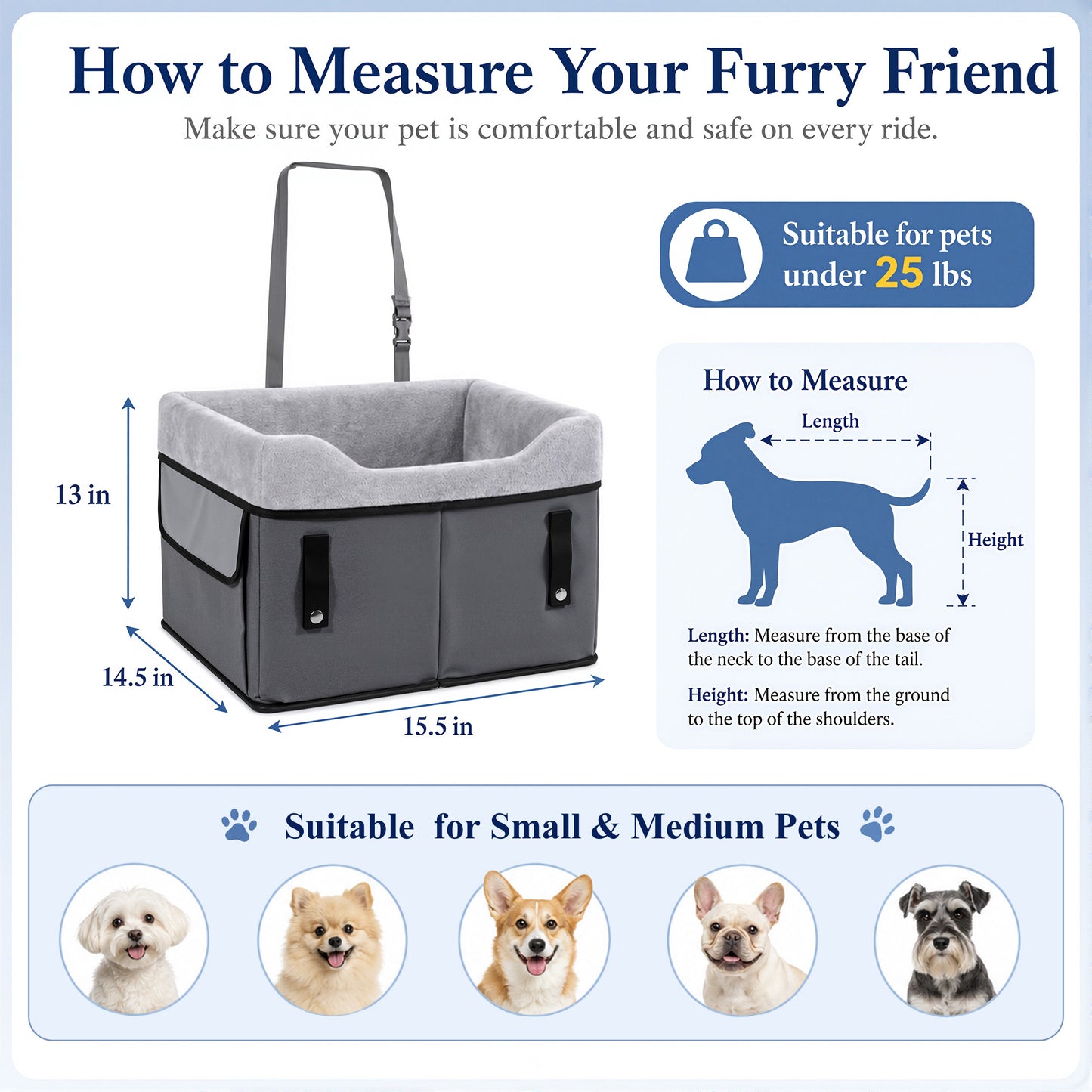 Fatato Dog Car Seat for Small Pets up to 25 lbs, Booster Seat with Storage Pockets & Safety Belt, Detachable Washable Pet Travel Bed for Front and Rear Car Seats