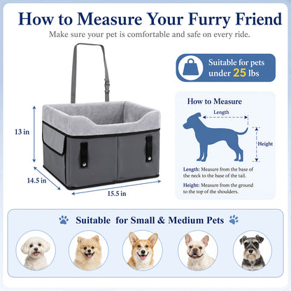 Fatato Dog Car Seat for Small Pets up to 25 lbs, Booster Seat with Storage Pockets & Safety Belt, Detachable Washable Pet Travel Bed for Front and Rear Car Seats