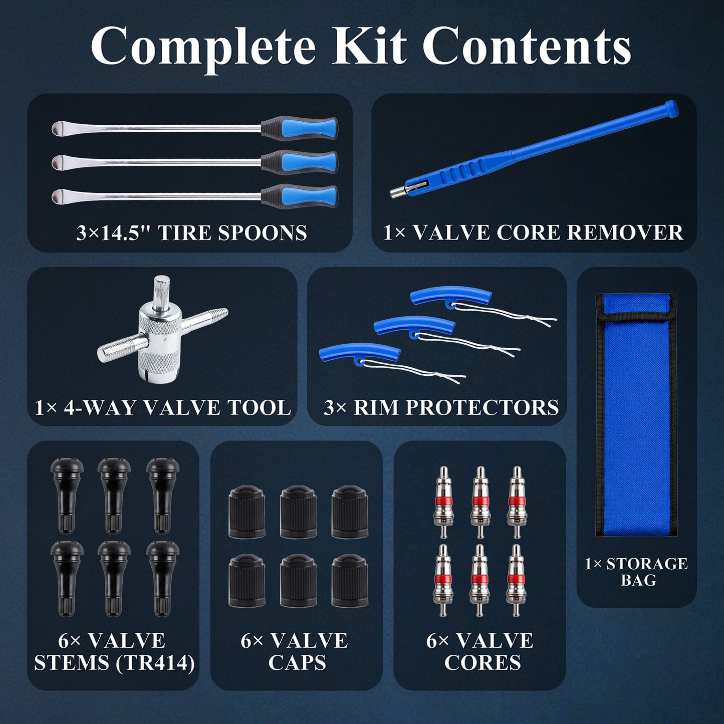 Fatato 14.5 inch Tire Spoons Set, 27-Piece Motorcycle Tire Changer Kit with Rim Protectors, Valve Tools, Valve Cores, Storage Bag for Motorcycles, Dirt Bikes, Lawn Mowers, Bikes