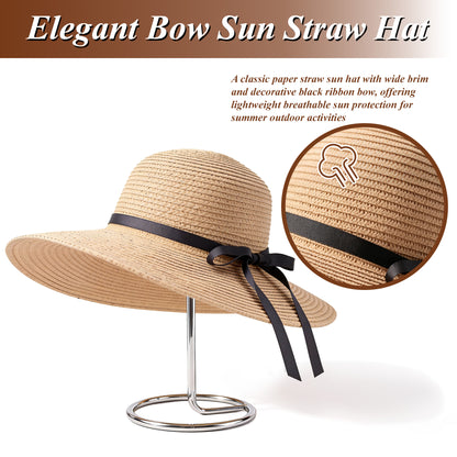 Fatato Sun Straw Hats for Women, Wide Brim UV Protection Summer Floppy Hat with Chin Strap Packable Foldable for Beach Travel