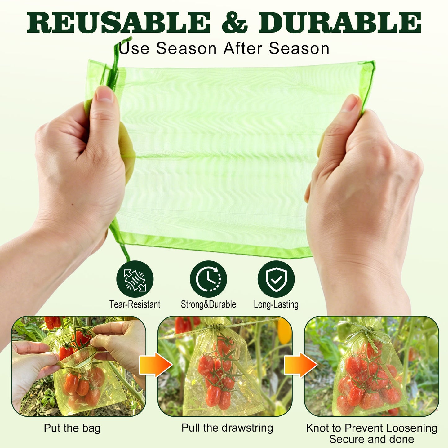 Fatato 150PCS Fruit Protection Bags, Mesh Fruit Bags for Fruit Trees, 6x8 Inch Green Organza Netting Bags with Double Drawstring for Tomatoes, Peaches, Strawberries, Vegetables and Garden Plants