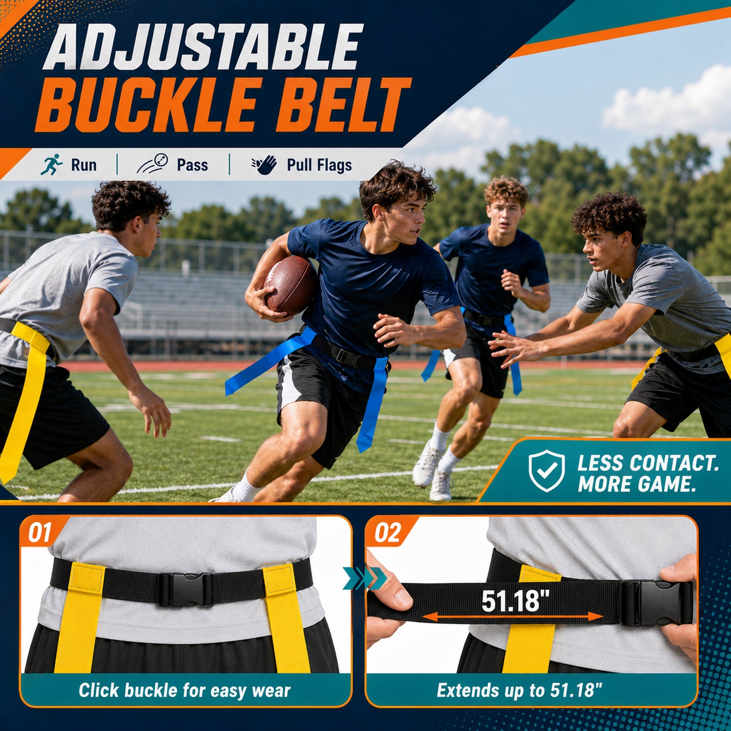 Fatato Flag Football Belts, Flag Football Set 14 Players Adjustable Football Flags with Cones, Whistles & Carry Bag for Team Training Games