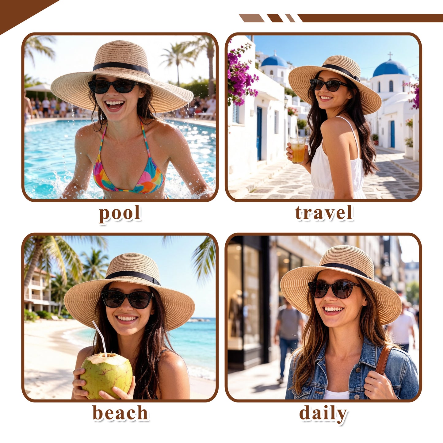 Fatato Sun Straw Hats for Women, Wide Brim UV Protection Summer Floppy Hat with Chin Strap Packable Foldable for Beach Travel