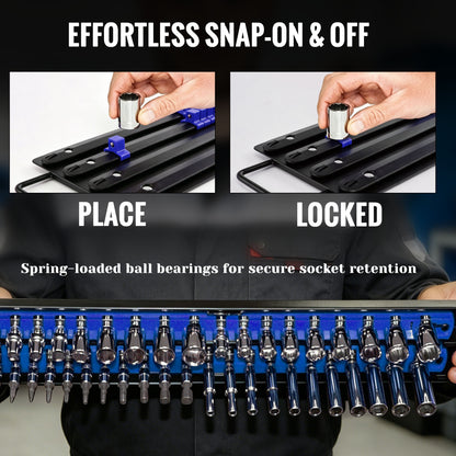 Fatato Socket Organizer, 160 Capacity Socket Rail Organizer with Metal Tray & ABS Clips, 1/4" 3/8" 1/2" Drive Socket Holder for Toolbox, Garage and Workbench Tool Storage