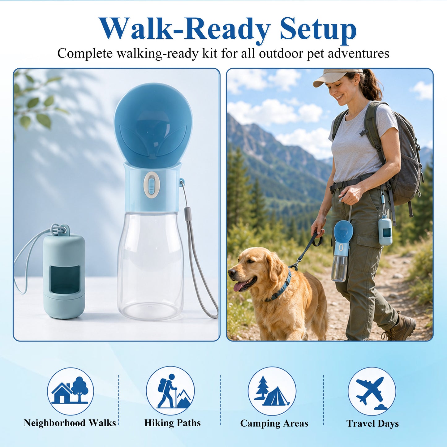 Fatato Portable Dog Water Bottle with Drinking Trough, 16.9 Oz Dog Water Dispenser, 2-in-1 Pet Water Bottle for Walking, Hiking, Travel, Camping