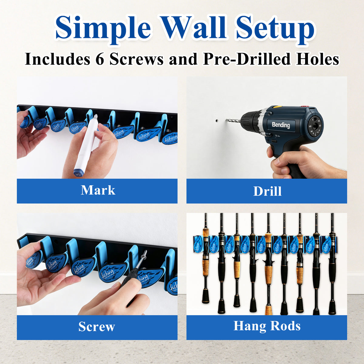 Fatato Fishing Rod Holder, Space Saving Vertical Wall Mounted Rack for 9 Rods and Combos, Fishing Pole Storage Organizer for Garage, Boat, Shed & RV