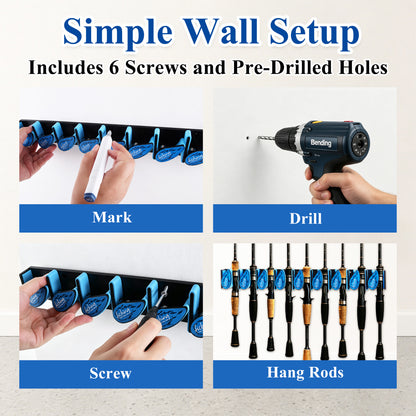 Fatato Fishing Rod Holder, Space Saving Vertical Wall Mounted Rack for 9 Rods and Combos, Fishing Pole Storage Organizer for Garage, Boat, Shed & RV