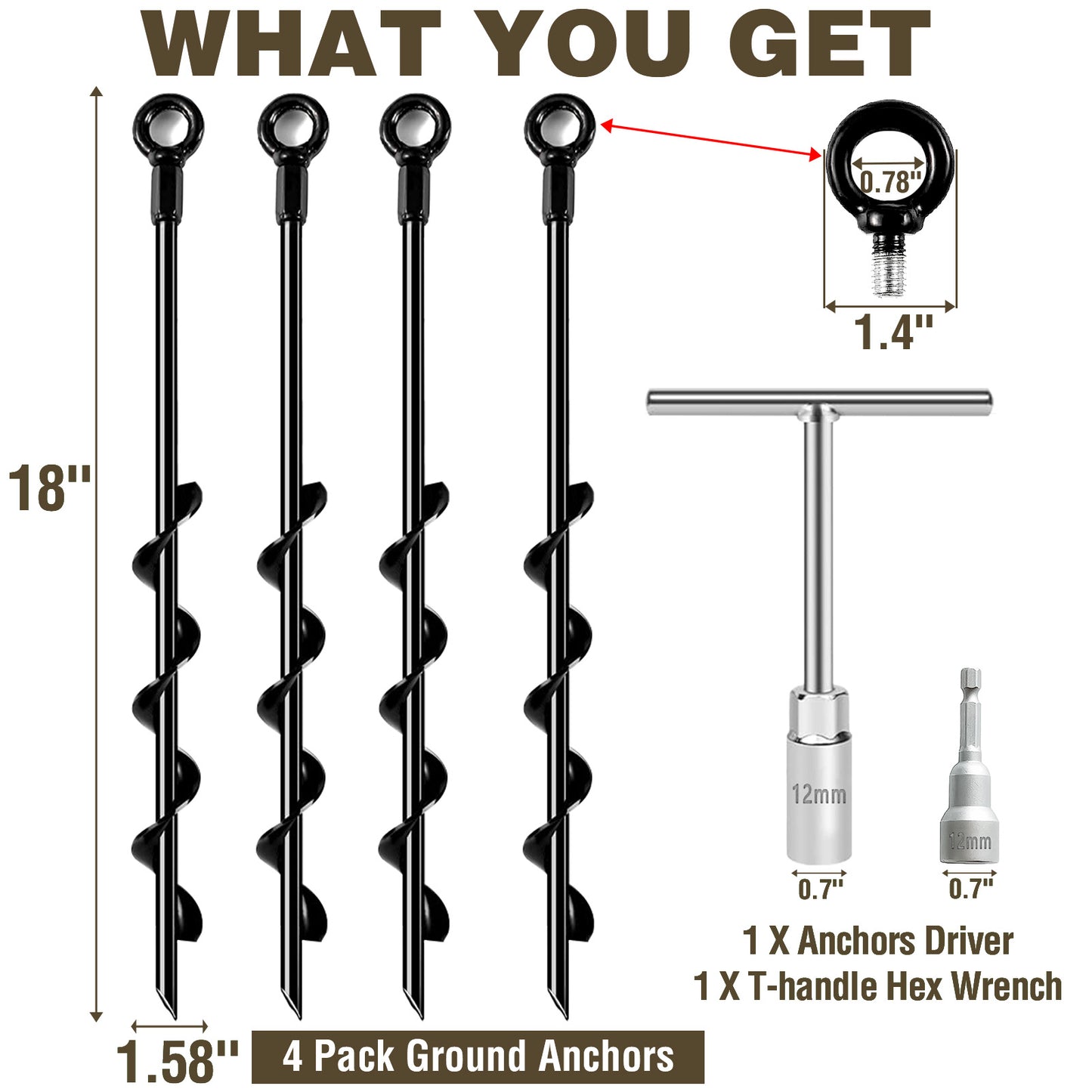 Fatato Ground Anchors Screw in, 18 inch 4 pack Spiral Earth Anchor Kit Heavy Duty Auger Metal Stakes for Swing Set, Trampoline, Shed, Tent, Carports
