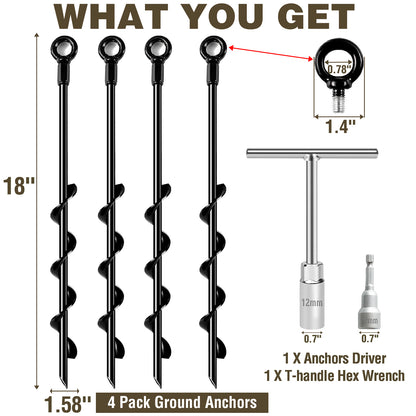 Fatato Ground Anchors Screw in, 18 inch 4 pack Spiral Earth Anchor Kit Heavy Duty Auger Metal Stakes for Swing Set, Trampoline, Shed, Tent, Carports