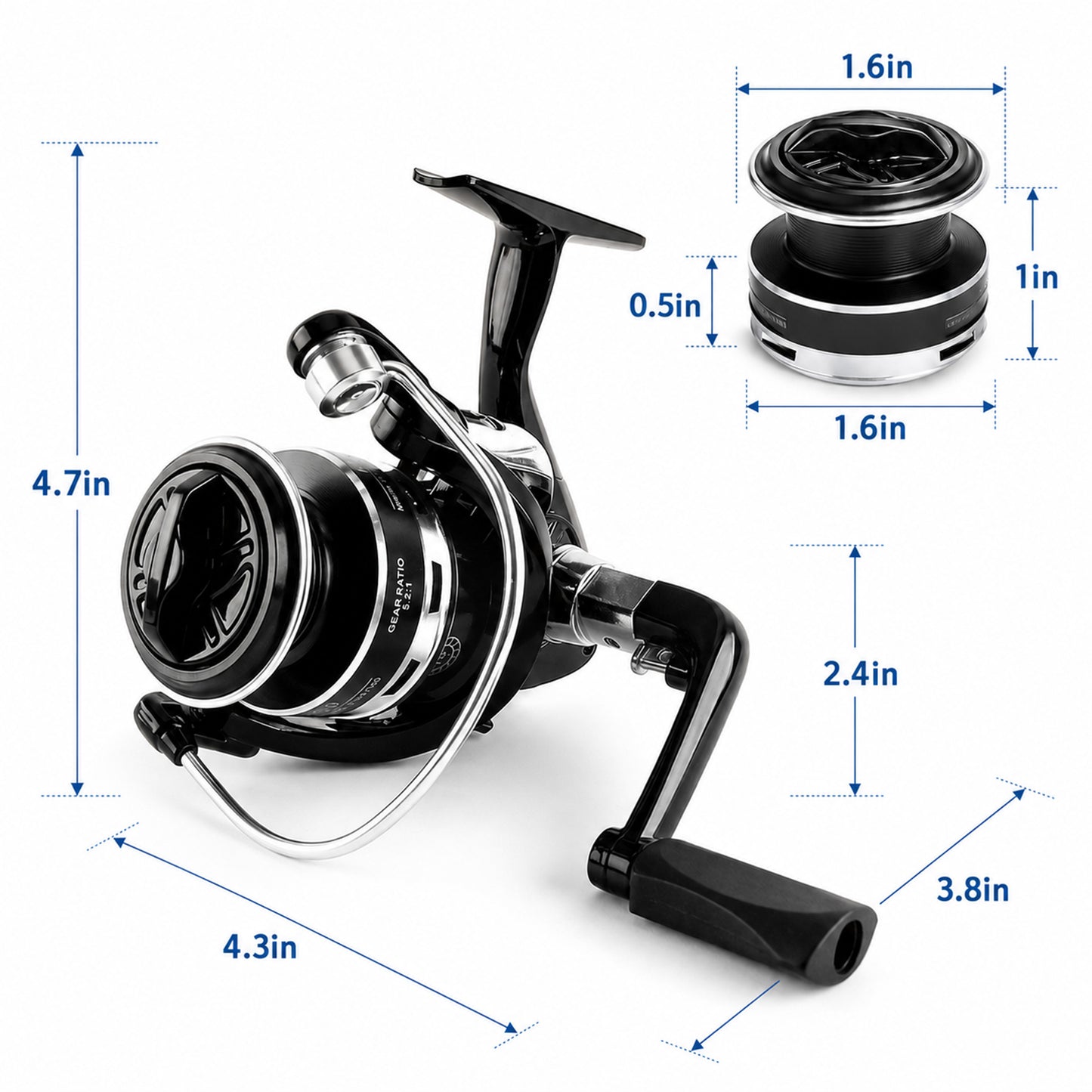 Fatato Spinning Fishing Reels, Lightweight Ultra Smooth, Aluminum Magnesium Alloy, 5.2:1 Gear Ratio, 2+1BB, Interchangeable Handle, Freshwater & Saltwater Use