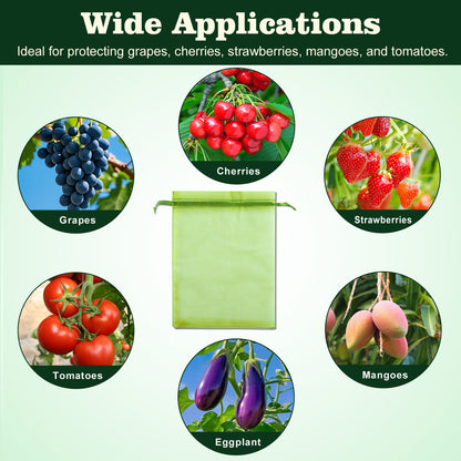 Fatato 150PCS Fruit Protection Bags, Mesh Fruit Bags for Fruit Trees, 6x8 Inch Green Organza Netting Bags with Double Drawstring for Tomatoes, Peaches, Strawberries, Vegetables and Garden Plants