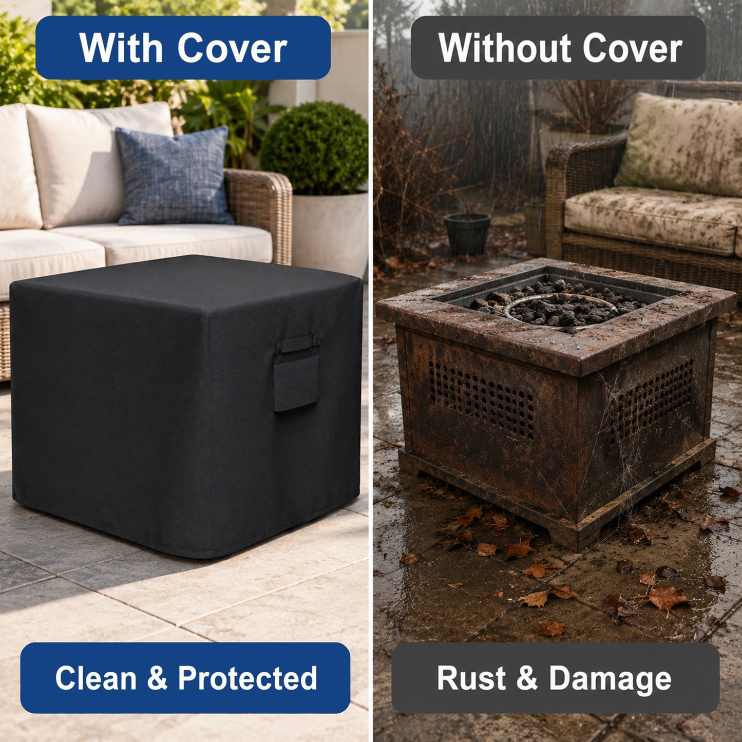 Fatato Fire Pit Cover Square Fire Pit Cover Waterproof and UV Resistant, Adjustable Drawstring, Air Vent, Handles and Storage Bag