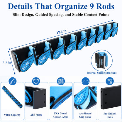 Fatato Fishing Rod Holder, Space Saving Vertical Wall Mounted Rack for 9 Rods and Combos, Fishing Pole Storage Organizer for Garage, Boat, Shed & RV